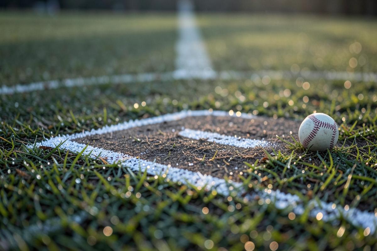Baseball resting beside home plate at sunrise