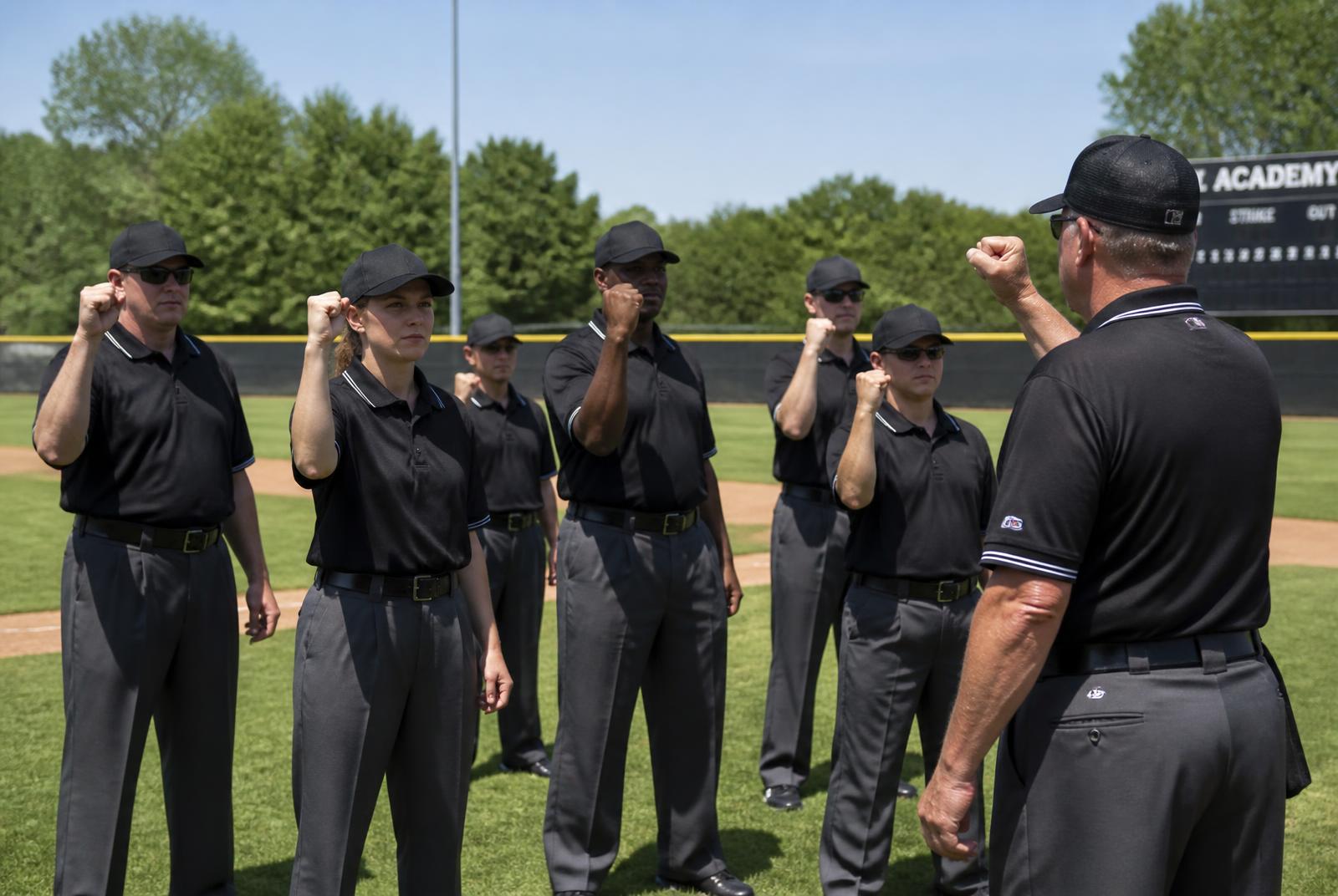Umpires practicing signals at a training clinic